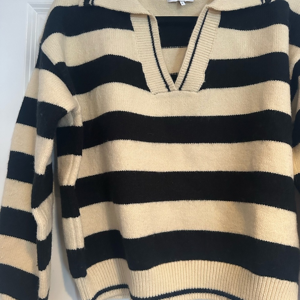 FRNCH Cream & Black Striped V-Neck Polo Sweater - Picture 3 of 3